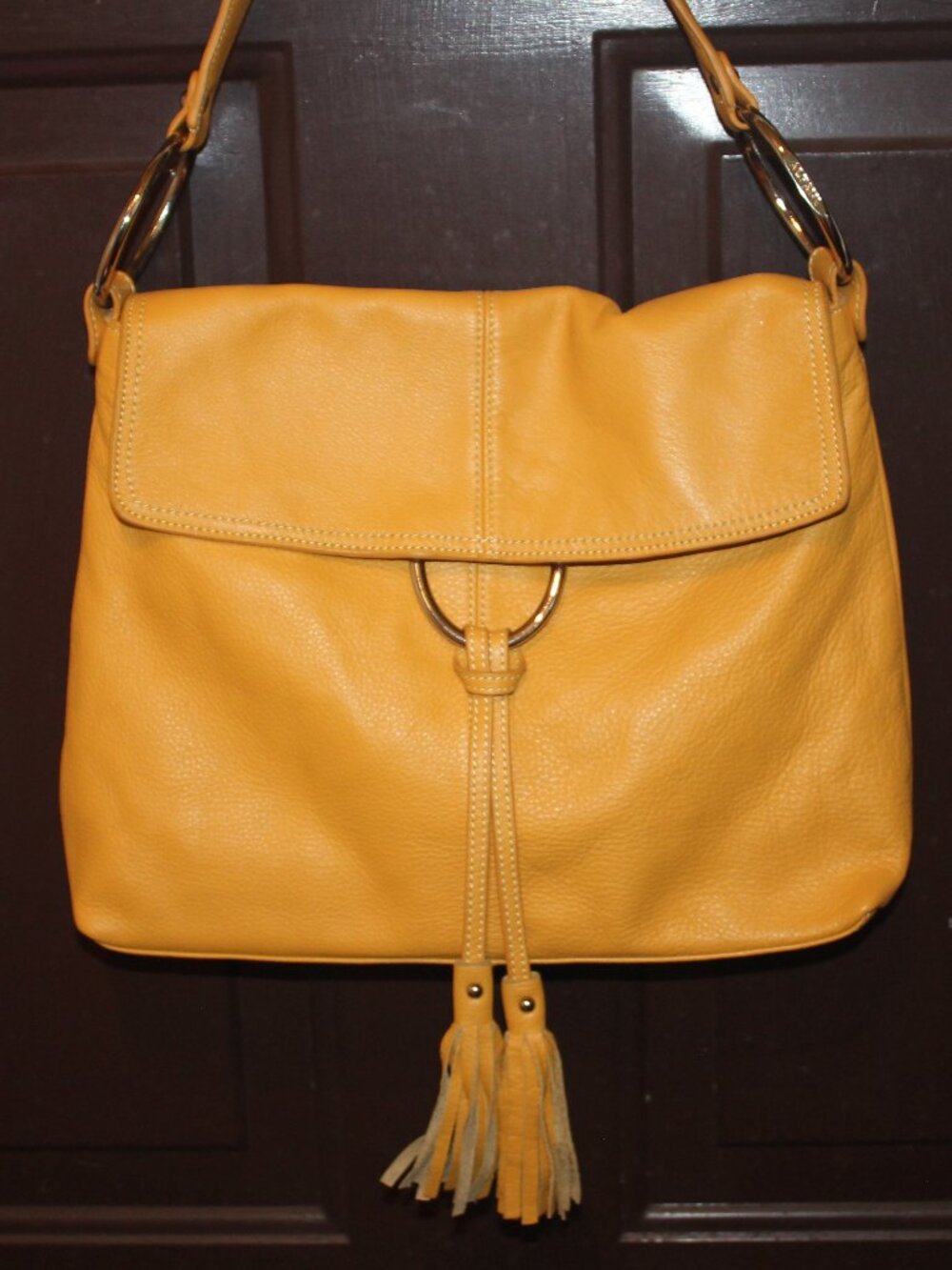 Alfani Vintage Hobo Buttercup Yellow Pebbled Leather Tassels